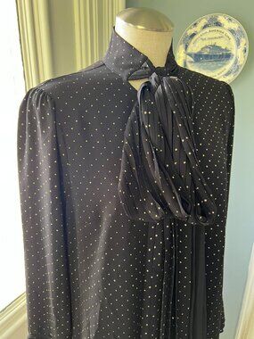 Michael Kors Black Metallic Polka Dot Tie Neck Dress Pleated Bell Sleeve Size 12